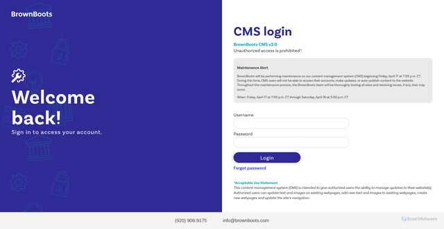 Security scan screenshot of https://cms.brownboots.com