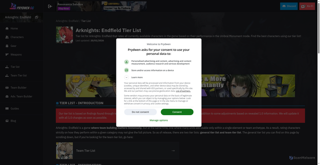 Security scan screenshot of https://www.prydwen.gg/arknights-endfield/tier-list