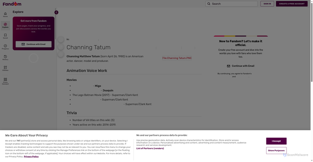 Security scan screenshot of https://englishvoiceactingcanonandfanon.fandom.com/wiki/Channing_Tatum