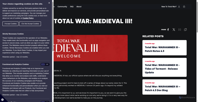 Security scan screenshot of https://www.totalwar.com/news/welcome-to-total-war-medieval-iii