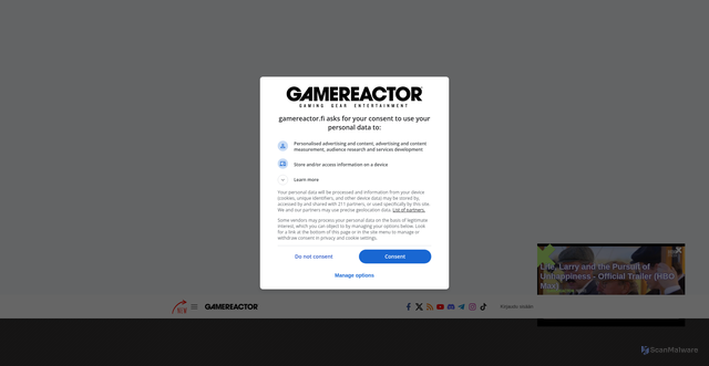 Security scan screenshot of https://www.gamereactor.fi/video/814203/Life+Larry+and+the+Pursuit+of+Unhappiness+-+Official+Trailer+HBO+Max/