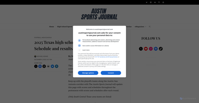 Security scan screenshot of https://austinsportsjournal.com/2025/12/06/20205-texas-high-school-football-playoff-pairings-for-austin-san-antonio-area-teams/