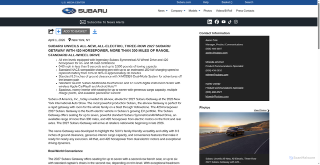 Security scan screenshot of https://media.subaru.com/pressrelease/2438/subaru-unveils-all-new-all-electric-three-row