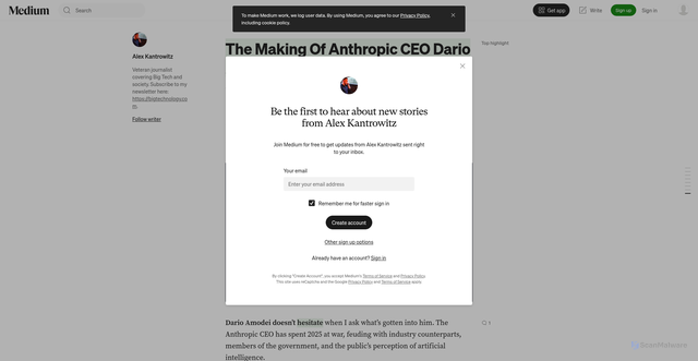 Security scan screenshot of https://kantrowitz.medium.com/the-making-of-anthropic-ceo-dario-amodei-449777529dd6