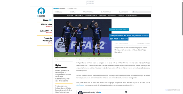 Security scan screenshot of https://www.eltelegrafo.com.ec/noticias/futbol-internacional/205/independiente-del-valle-empato-en-su-casa-con-atletico-mineiro