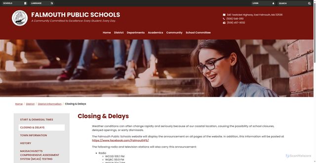 Security scan screenshot of https://www.falmouth.k12.ma.us/district/district_information/closing_delays