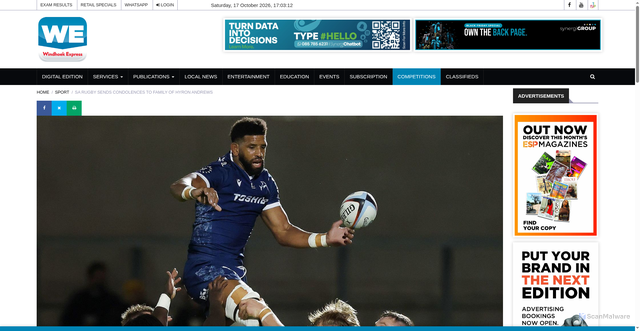 Security scan screenshot of https://www.we.com.na/sport-wrap-main/sa-rugby-sends-condolences-to-family-of-hyron-andrews-NMH020218-11-24773