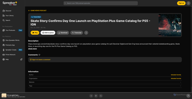 Security scan screenshot of https://pt-br.spreaker.com/episode/skate-story-confirms-day-one-launch-on-playstation-plus-game-catalog-for-ps5-ign--68731574