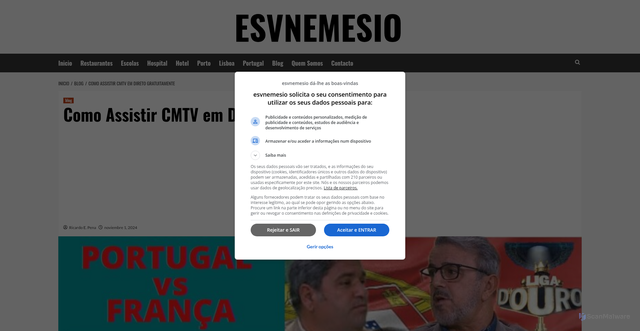 Security scan screenshot of https://esvnemesio.pt/blog/ver-cmtv-em-directo-gratis/
