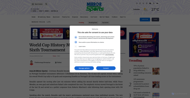 Security scan screenshot of https://www.dailymirror.lk/top-story-sports-1/World-Cup-History-Made-as-Ronaldo-Scores-in-Sixth-Tournament/324-343762