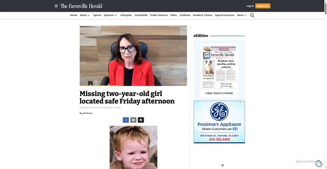 Security scan screenshot of https://farmvilleherald.com/2026/09/missing-two-year-old-girl-located-safe-friday-afternoon/