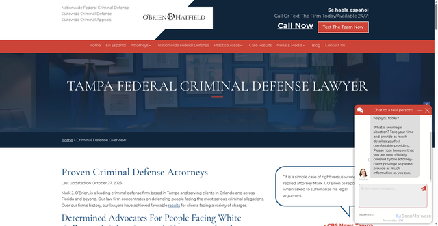 Security scan screenshot of https://www.markjobrien.com/criminal-defense-overview/