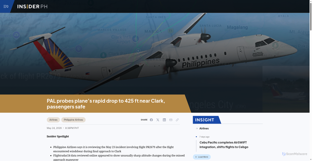 Security scan screenshot of https://insiderph.com/pal-probes-planes-rapid-drop-to-425-ft-near-clark-passengers-safe