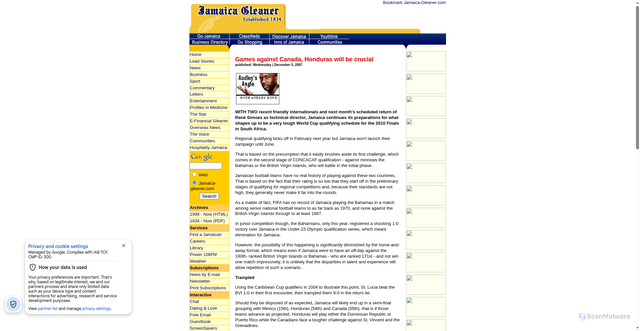 Security scan screenshot of http://old.jamaica-gleaner.com/gleaner/20071205/sports/sports2.html