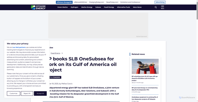 Security scan screenshot of https://www.offshore-energy.biz/bp-books-slb-onesubsea-for-work-on-its-gulf-of-america-oil-project/