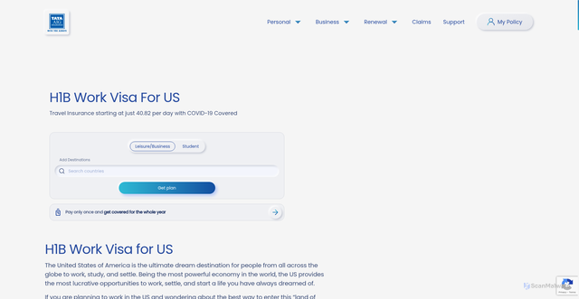 Security scan screenshot of https://www.tataaig.com/travel-insurance/usa-h1b-work-visa