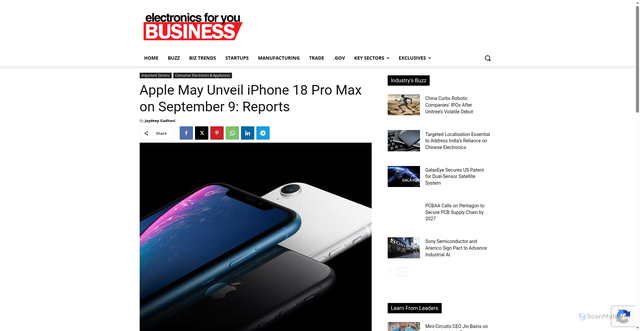 Security scan screenshot of https://www.electronicsforyou.biz/important-sectors/apple-may-unveil-iphone-18-pro-max-on-september-9-reports/