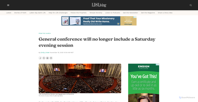 Security scan screenshot of https://www.ldsliving.com/general-conference-will-no-longer-include-a-saturday-evening-session/s/13041