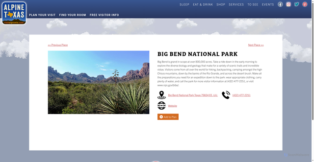 Security scan screenshot of https://visitalpinetx.com/places/big-bend-national-park/