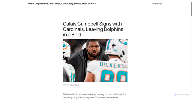 Security scan screenshot of https://miamidolphinss.com/calais-campbell-signs-with-cardinals/