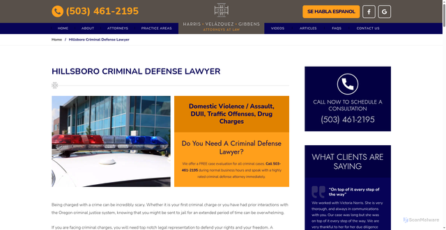 Security scan screenshot of https://www.harrislawsite.com/hillsboro-criminal-defense-lawyers/