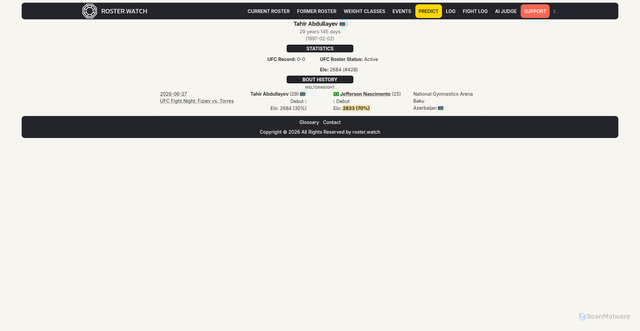 Security scan screenshot of https://roster.watch/fighters/tahirabdullayev.html