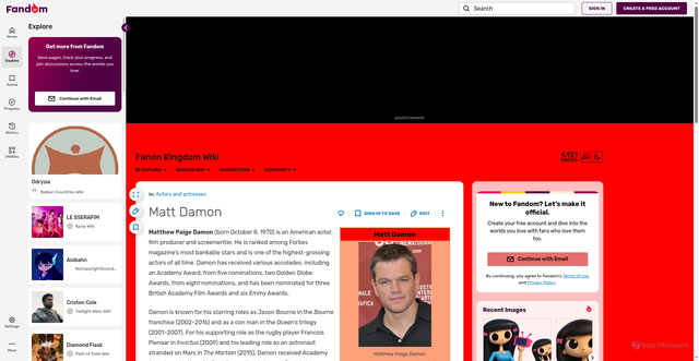 Security scan screenshot of https://fanon-kingdom.fandom.com/wiki/Matt_Damon