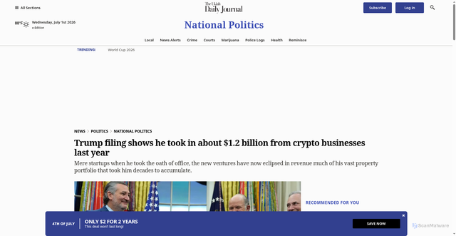 Security scan screenshot of https://www.ukiahdailyjournal.com/2026/06/30/president-trump-crypto-ventures-revenue-filing/