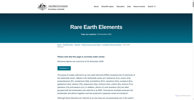 Security scan screenshot of https://www.ga.gov.au/scientific-topics/minerals/mineral-resources-and-advice/australian-resource-reviews/rare-earth-elements