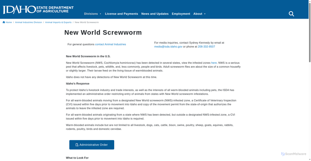Security scan screenshot of https://agri.idaho.gov/animals/imports-exports/new-world-screwworm/