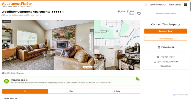 Security scan screenshot of https://www.apartmentfinder.com/Ohio/Parma-Apartments/Woodbury-Commons-Apartments