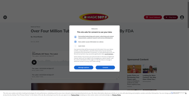 Security scan screenshot of https://magic1079.iheart.com/content/2026-10-22-over-four-million-tubes-of-toothpaste-recalled-by-fda/