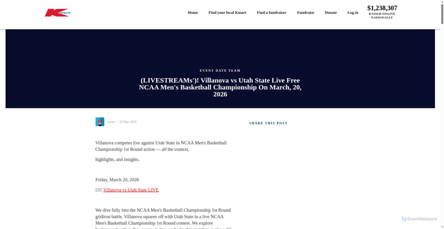 Security scan screenshot of https://kmartwishingtree.salvos.org.au/event-date-team/posts/livestreams-villanova-vs-utah-state-live-free-ncaa-mens-basketball-championship-on-march-20-2026