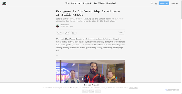 Security scan screenshot of https://vincemancini.substack.com/p/everyone-is-confused-why-jared-leto