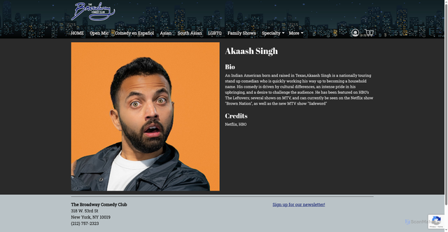 Security scan screenshot of https://www.broadwaycomedyclub.com/comedians/akaash-singh/
