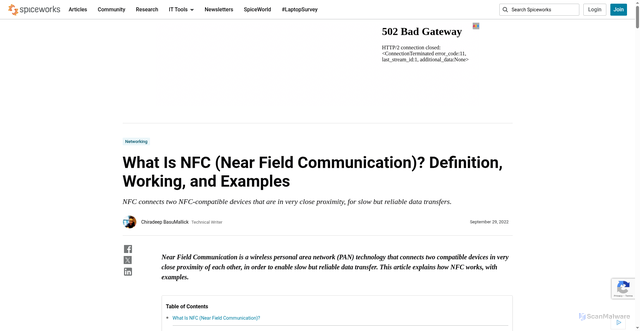 Security scan screenshot of https://www.spiceworks.com/tech/networking/articles/what-is-near-field-communication/