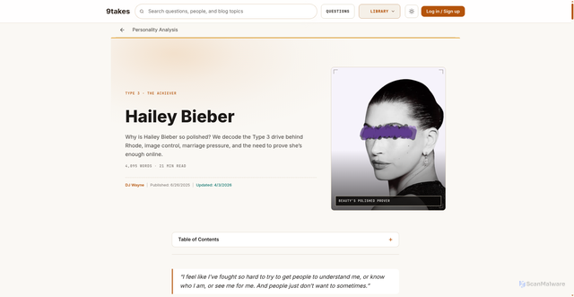 Security scan screenshot of https://9takes.com/personality-analysis/hailey-bieber
