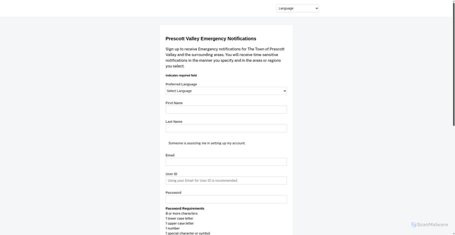 Security scan screenshot of https://www.smart911.com/smart911/ref/reg.action?pa=prescottvalley