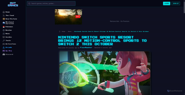 Security scan screenshot of https://outof.games/news/9146-nintendo-switch-sports-resort-brings-12-motion-control-sports-to-switch-2-this-october/