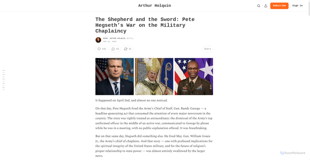 Security scan screenshot of https://liturgyandtruth.substack.com/p/the-shepherd-and-the-sword-pete-hegseths