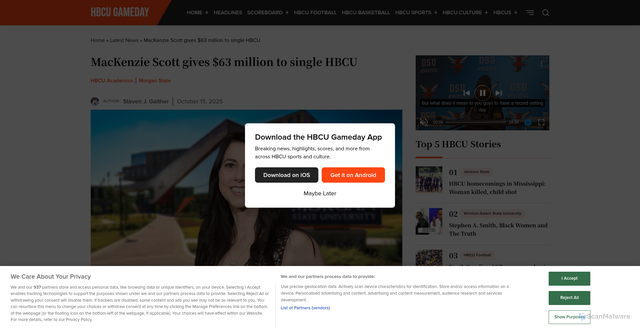 Security scan screenshot of https://hbcugameday.com/2025/10/15/mackenzie-scott-gives-63-million-to-single-hbcu/