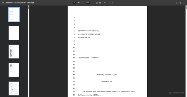 Security scan screenshot of https://d3i6fh83elv35t.cloudfront.net/static/2025/12/Smith-Depo-Transcript_Redacted-w-Errata.pdf