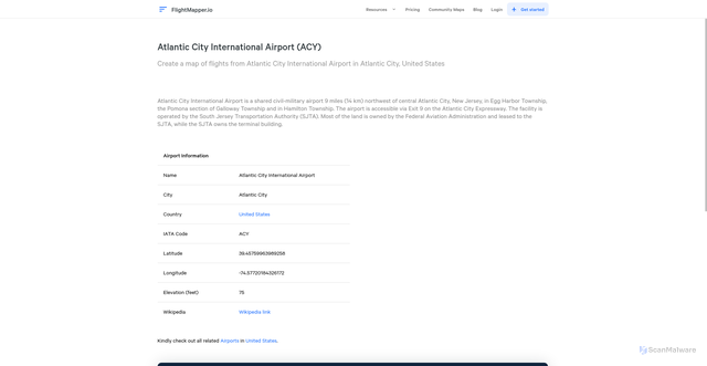 Security scan screenshot of https://flightmapper.io/airports/atlantic-city-international-airport-acy-3363