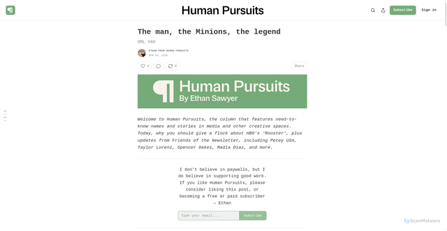 Security scan screenshot of https://humanpursuits.substack.com/p/hbo-rooster-minions-review-oml