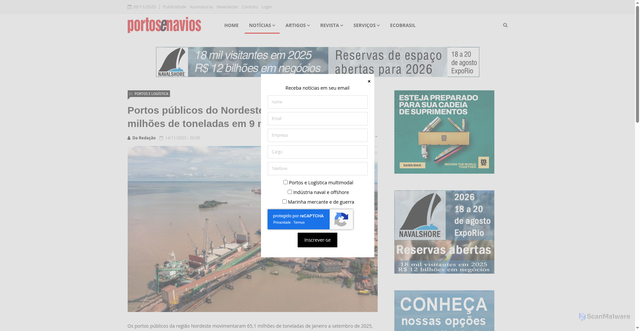 Security scan screenshot of https://www.portosenavios.com.br/noticias/portos-e-logistica/portos-publicos-do-nordeste-movimentaram-65-milhoes-de-toneladas-em-9-meses