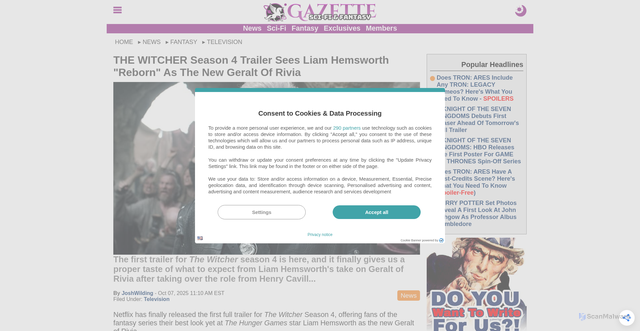 Security scan screenshot of https://sffgazette.com/fantasy/television/the-witcher-season-4-trailer-sees-liam-hemsworth-reborn-as-the-new-geralt-of-rivia-a9243