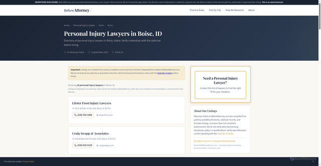 Security scan screenshot of https://beforeattorney.com/personal-injury-lawyer/idaho/boise