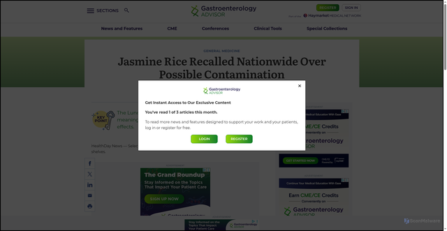 Security scan screenshot of https://www.gastroenterologyadvisor.com/news/jasmine-rice-recalled-nationwide-over-possible-contamination/