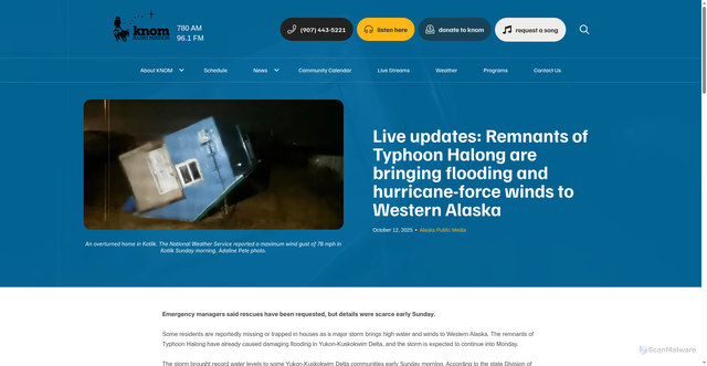 Security scan screenshot of https://knom.org/2025/10/12/live-updates-remnants-of-typhoon-halong-are-bringing-flooding-and-hurricane-force-winds-to-western-alaska/