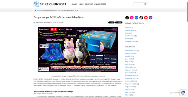 Security scan screenshot of https://www.spike-chunsoft.com/news/danganronpa-2x2-pre-orders-available-now/